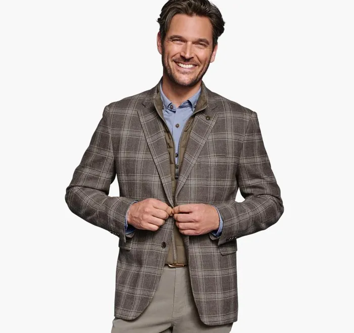 Men Johnston and Murphy Blazers Wool Bib Blazer Taupe Plaid