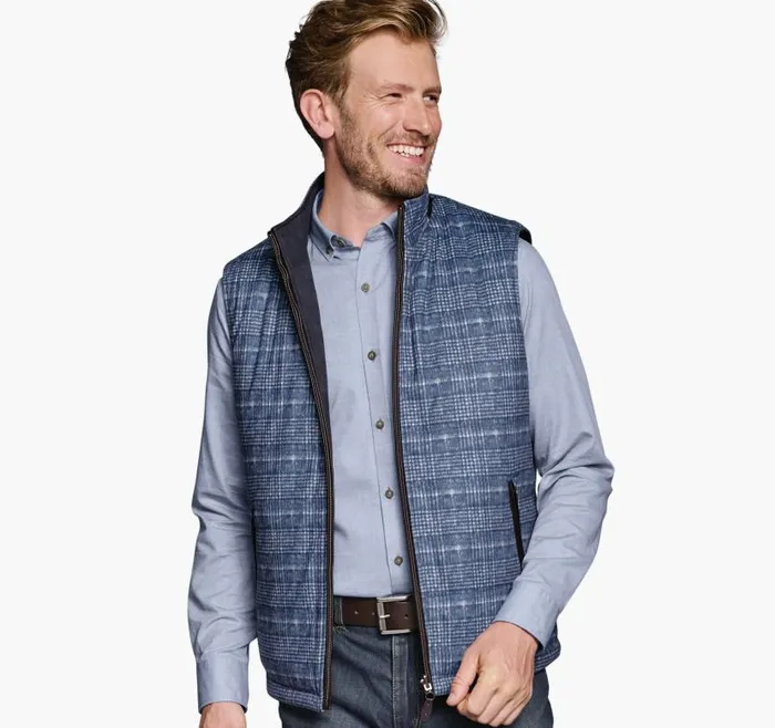 Men Johnston and Murphy Coats Jackets and Vests Upton Reversible Vest Blue Plaidnavy