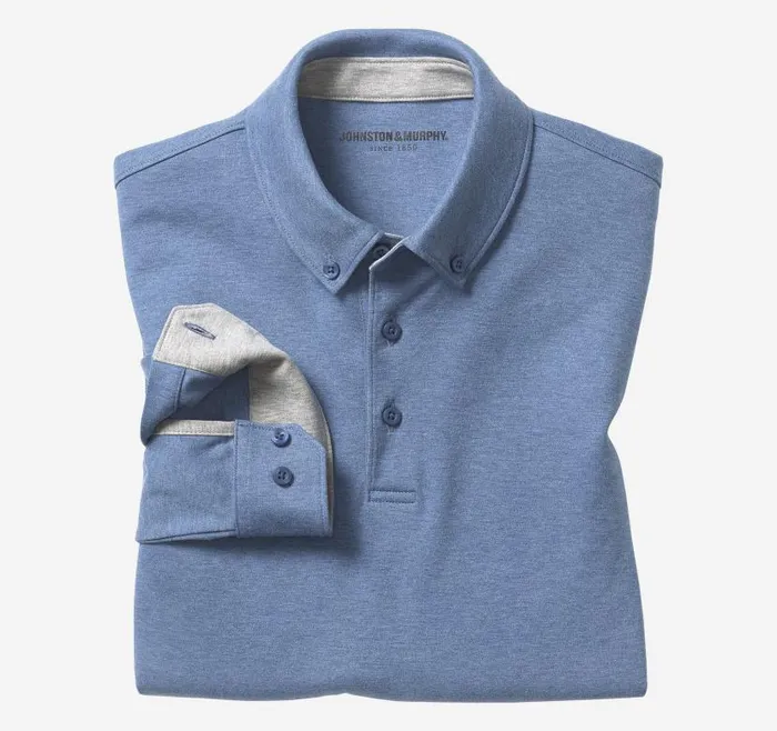 Men Johnston and Murphy Polos and Tees Liquid Cotton LongSleeve Polo Blue Heather