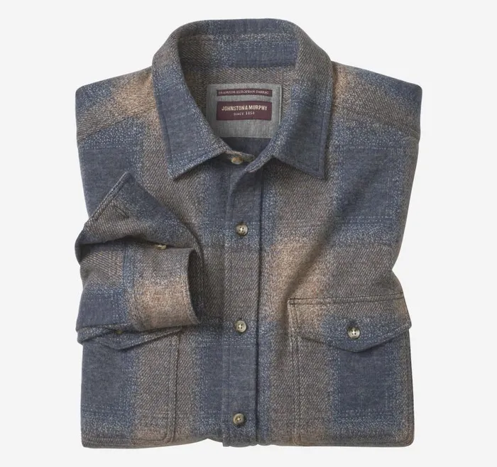 Men Johnston and Murphy Shirts Brushed ButtonFront Knit Brown Boxed Plaid
