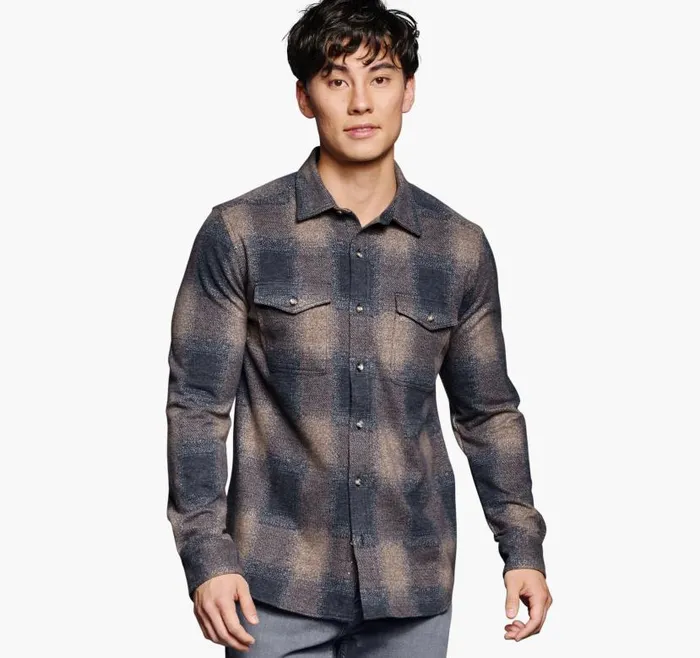 Men Johnston and Murphy Shirts Brushed ButtonFront Knit Brown Boxed Plaid