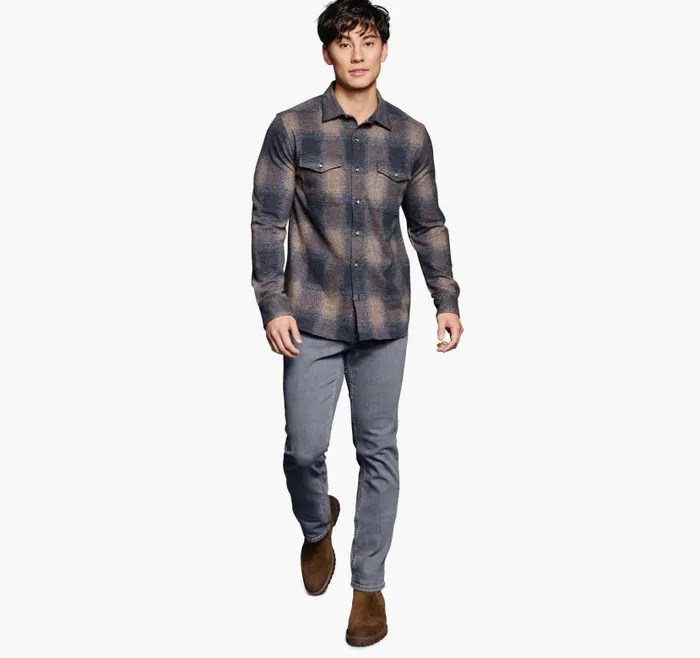 Men Johnston and Murphy Shirts Brushed ButtonFront Knit Brown Boxed Plaid