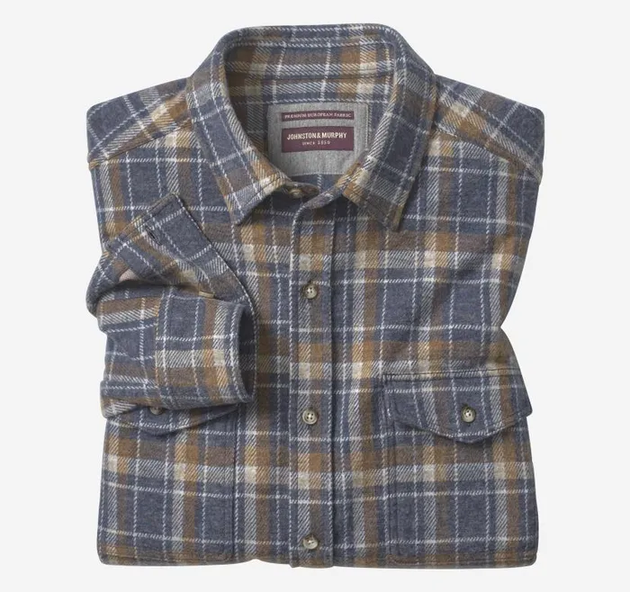 Men Johnston and Murphy Shirts Brushed ButtonFront Knit Navy Open Grid Plaid