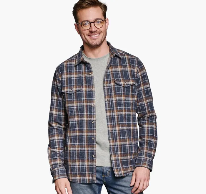 Men Johnston and Murphy Shirts Brushed ButtonFront Knit Navy Open Grid Plaid
