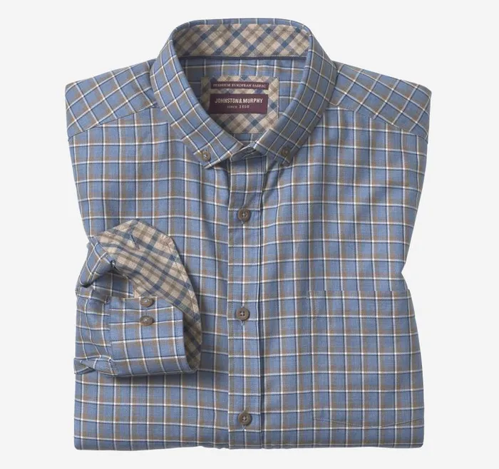 Men Johnston and Murphy Shirts Heathered Shirt Blue Melange Outlined Grid