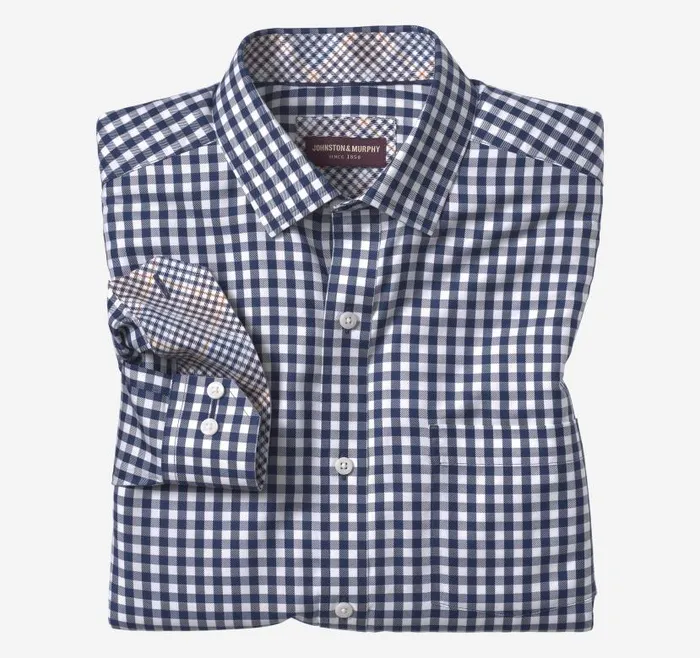 Men Johnston and Murphy Shirts NonIron Dress Shirt Navy Twill Gingham