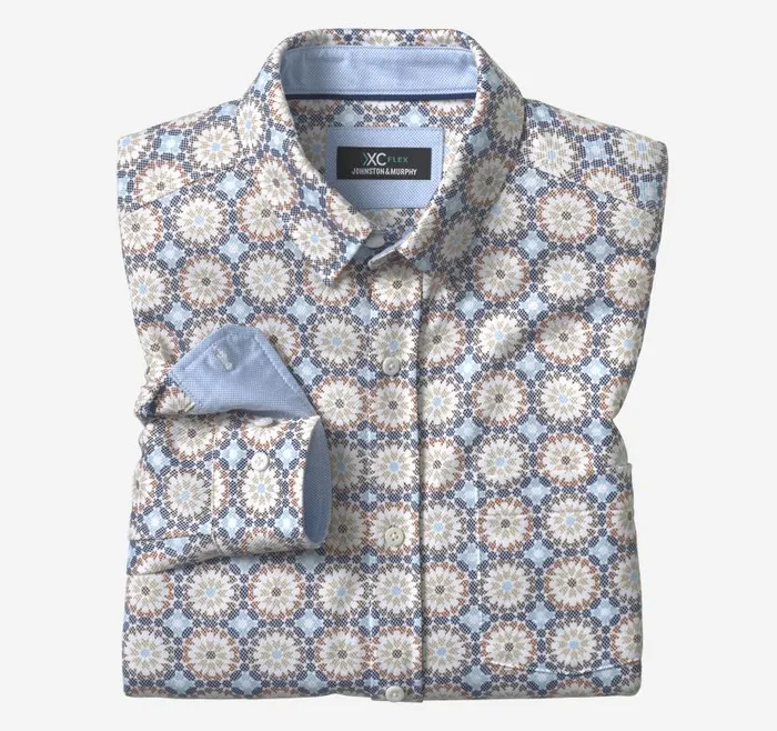 Men Johnston and Murphy Shirts XC Flex Stretch LongSleeve Shirt Blue Multi Birdseye Mosaic Men Johnston and Murphy Shirts XC Flex Stretch LongSleeve Shirt Blue Multi Birdseye Mosaic