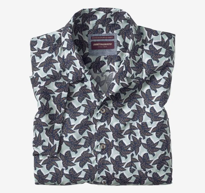 Men Johnston and Murphy ShortSleeve Shirts Camp Shirt Blue Leaf Cluster