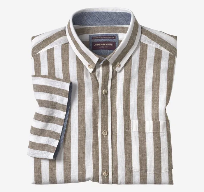 Men Johnston and Murphy ShortSleeve Shirts Stripe LinenBlend Shirt Brown Stripe