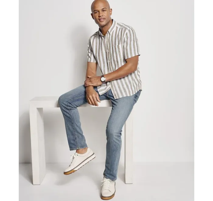 Men Johnston and Murphy ShortSleeve Shirts Stripe LinenBlend Shirt Brown Stripe Men Johnston and Murphy ShortSleeve Shirts Stripe LinenBlend Shirt Brown Stripe