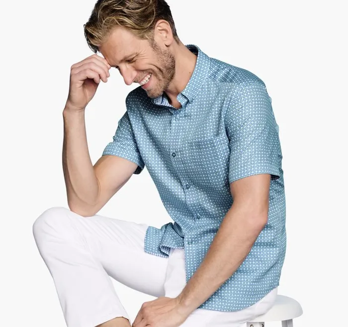 Men Johnston and Murphy ShortSleeve Shirts Textured Cotton ShortSleeve Shirt Bluegreen Diamond Circle Men Johnston and Murphy ShortSleeve Shirts Textured Cotton ShortSleeve Shirt Bluegreen Diamond Circle