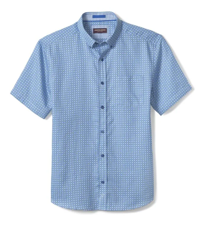 Men Johnston and Murphy ShortSleeve Shirts Textured Cotton ShortSleeve Shirt Bluegreen Diamond Circle