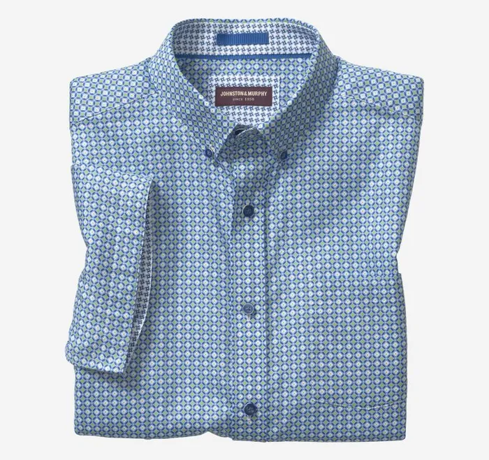 Men Johnston and Murphy ShortSleeve Shirts Textured Cotton ShortSleeve Shirt Bluegreen Diamond Circle