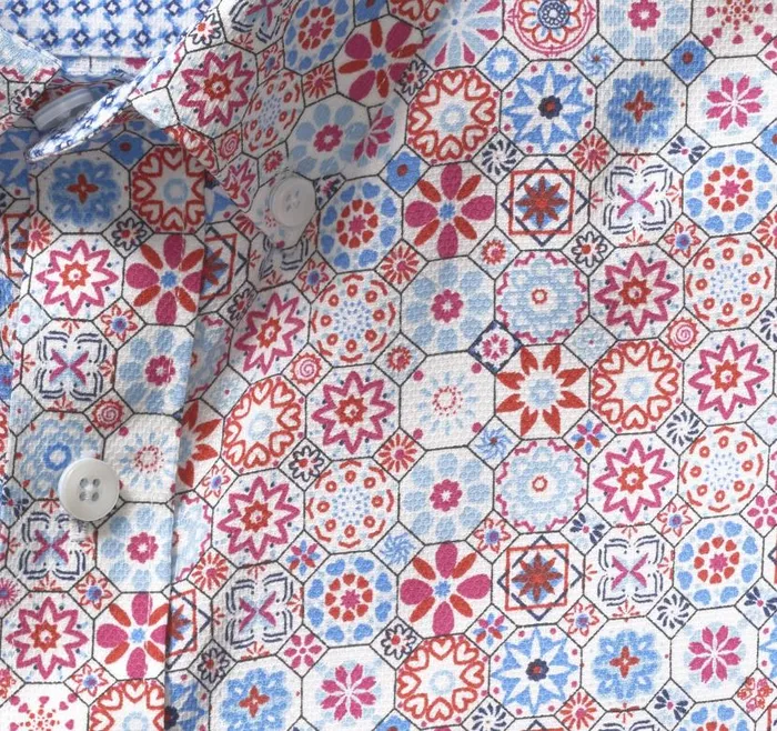 Men Johnston and Murphy ShortSleeve Shirts Textured Cotton ShortSleeve Shirt Blue Multi Floral Mosaic