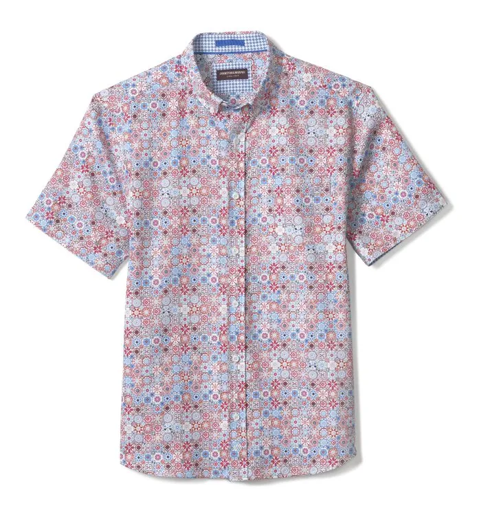 Men Johnston and Murphy ShortSleeve Shirts Textured Cotton ShortSleeve Shirt Blue Multi Floral Mosaic