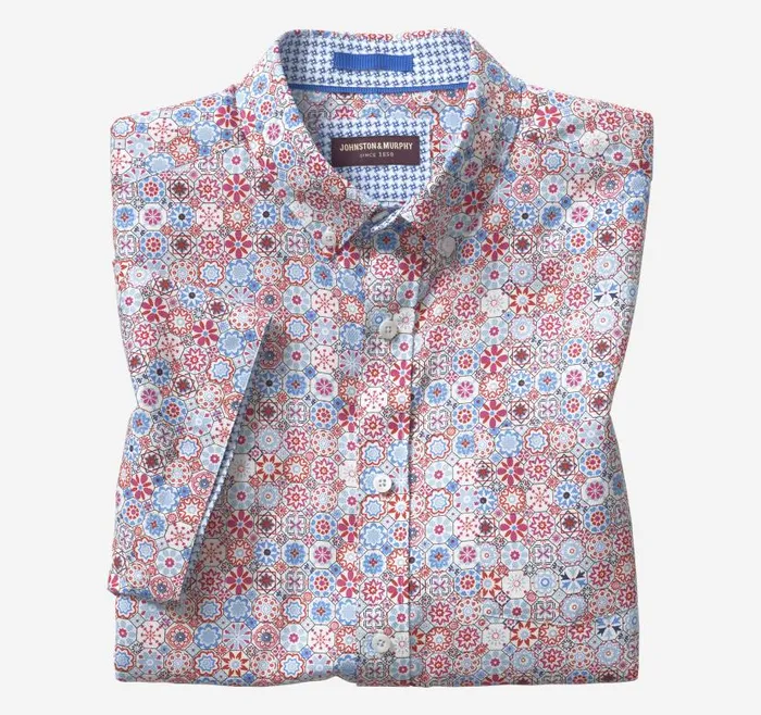 Men Johnston and Murphy ShortSleeve Shirts Textured Cotton ShortSleeve Shirt Blue Multi Floral Mosaic