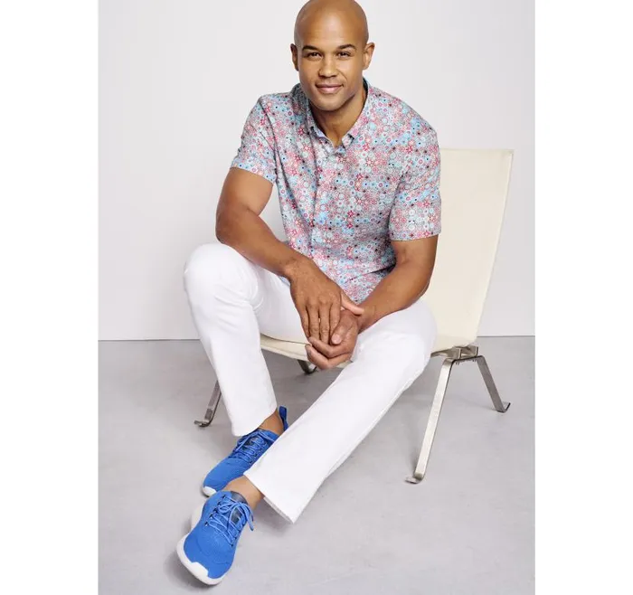 Men Johnston and Murphy ShortSleeve Shirts Textured Cotton ShortSleeve Shirt Blue Multi Floral Mosaic