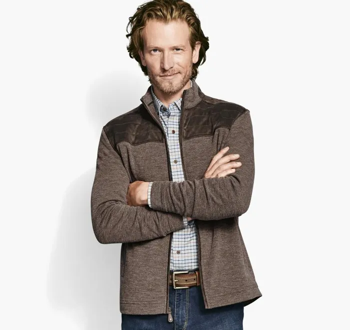 Men Johnston and Murphy Sweaters and Knits QuiltedYoke FullZip Brown