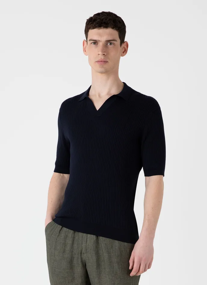 Men Knitwear ussunspel Fine Rib Silk Cotton Polo Shirt Navy