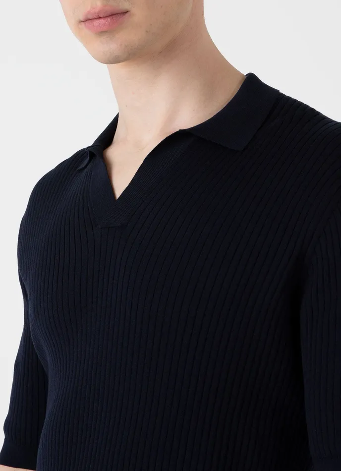 Men Knitwear ussunspel Fine Rib Silk Cotton Polo Shirt Navy