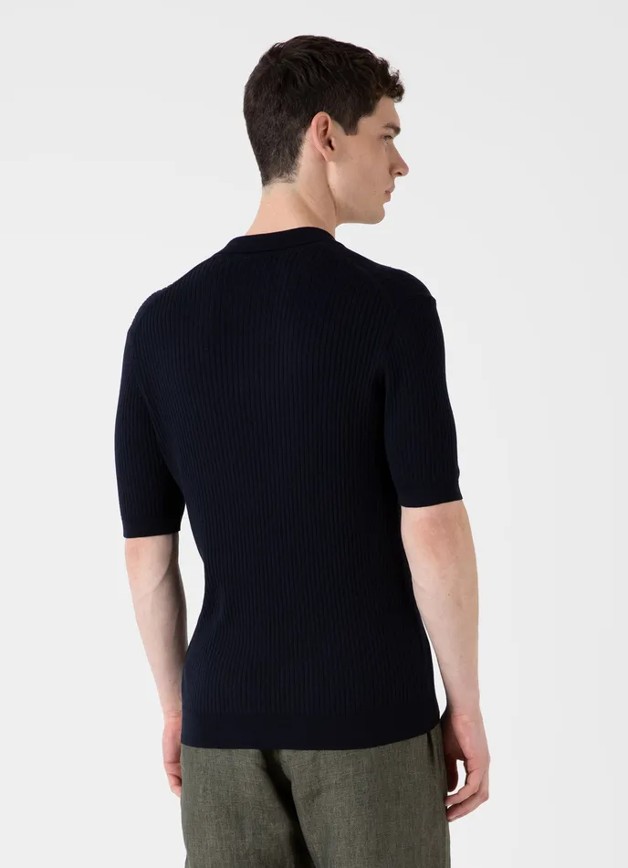 Men Knitwear ussunspel Fine Rib Silk Cotton Polo Shirt Navy