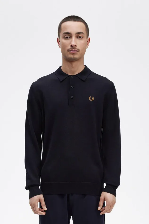Men Long Sleeve Knitted Shirt Navy Fred Perry Knitwear
