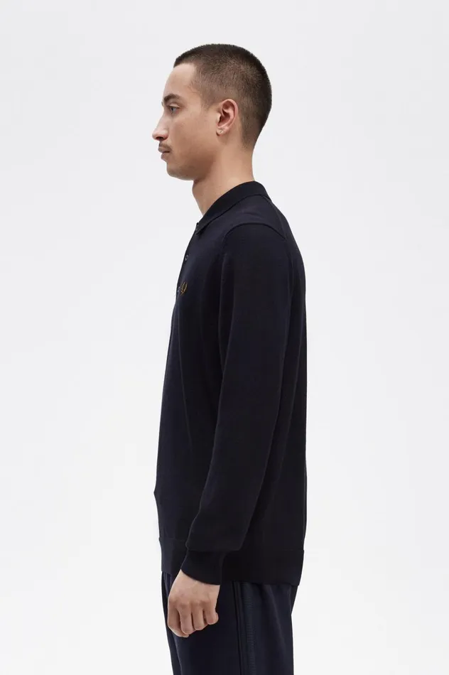 Men Long Sleeve Knitted Shirt Navy Fred Perry Knitwear