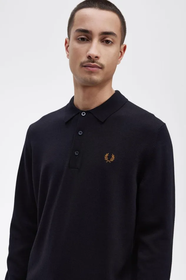 Men Long Sleeve Knitted Shirt Navy Fred Perry Knitwear