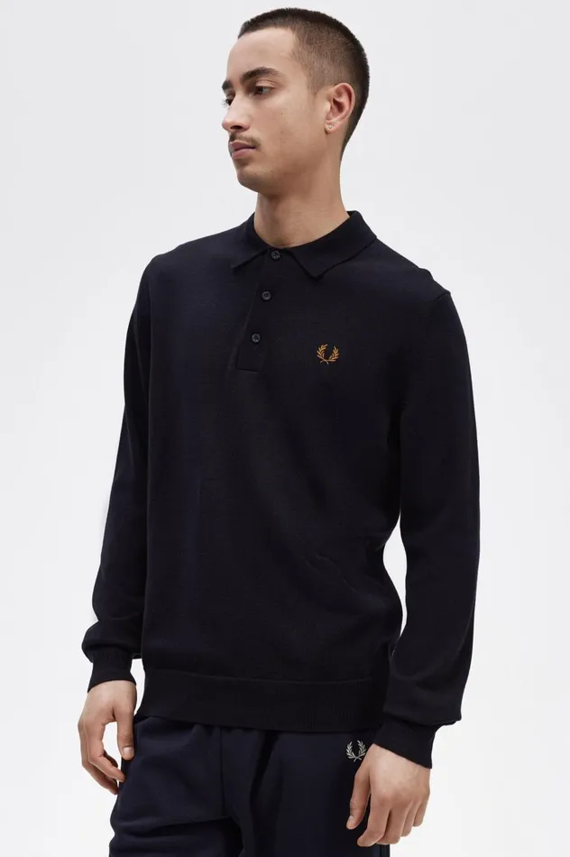 Men Long Sleeve Knitted Shirt Navy Fred Perry Knitwear