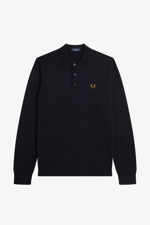 Men Long Sleeve Knitted Shirt Navy Fred Perry Knitwear