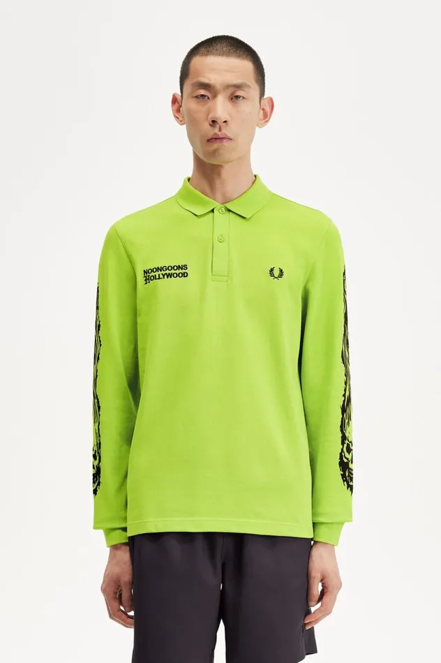 Men Noon GoonsNoongoons Long Sleeve Graphic Polo Shirt Lime Green Fred Perry Polo Shirts