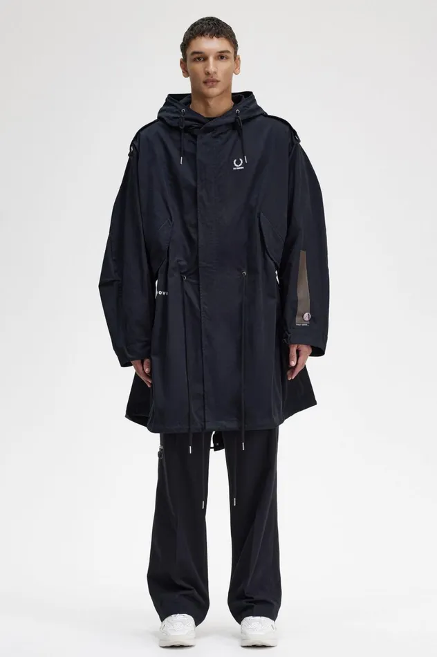 Men Raf SimonsPrinted Patch Parka Navy Fred Perry Coats and Jackets