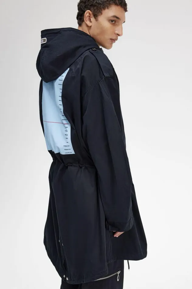 Men Raf SimonsPrinted Patch Parka Navy Fred Perry Coats and Jackets