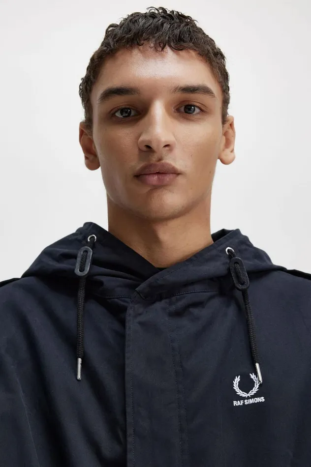 Men Raf SimonsPrinted Patch Parka Navy Fred Perry Coats and Jackets