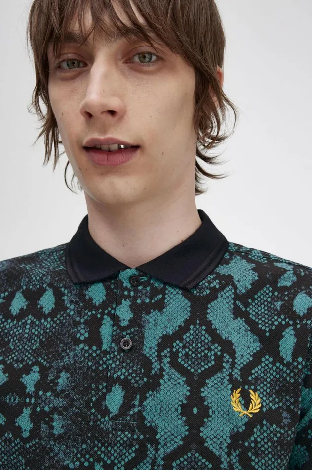 Men Snake Print Shirt Deep Mint Fred Perry Polo Shirts
