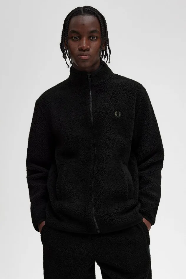 Men Zip Through Borg Fleece Black Fred Perry Coats and Jackets