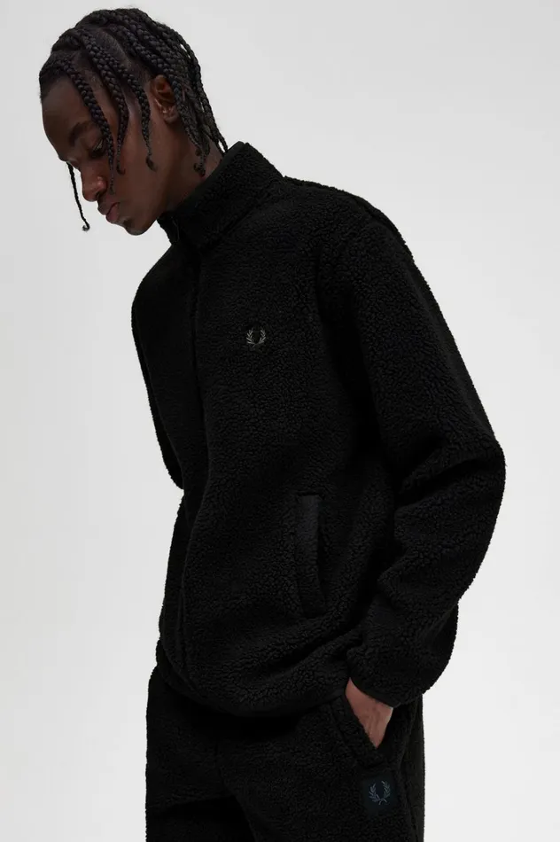 Men Zip Through Borg Fleece Black Fred Perry Coats and Jackets