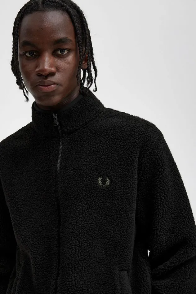 Men Zip Through Borg Fleece Black Fred Perry Coats and Jackets