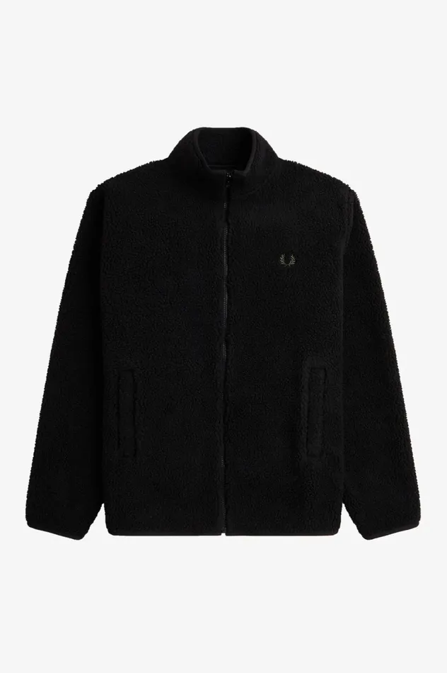 Men Zip Through Borg Fleece Black Fred Perry Coats and Jackets