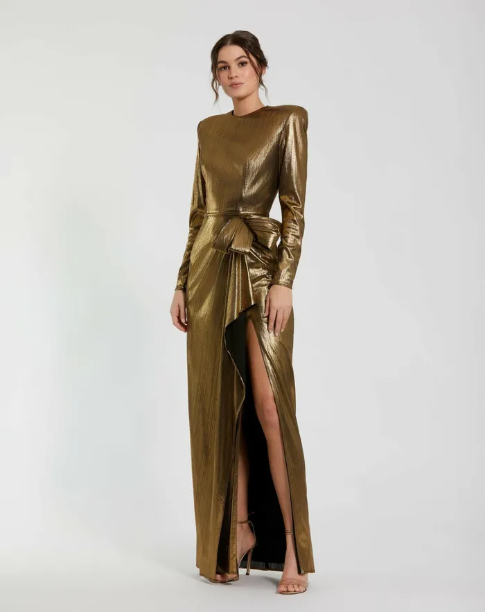 Metallic Jersey Long Sleeve Gown With Bow Antique Gold Best Sellers Mac Duggal Women Metallic Jersey Long Sleeve Gown With Bow Antique Gold Best Sellers Mac Duggal Women