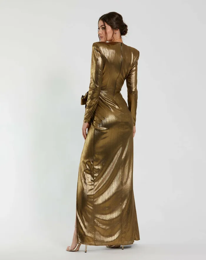 Metallic Jersey Long Sleeve Gown With Bow Antique Gold Best Sellers Mac Duggal Women