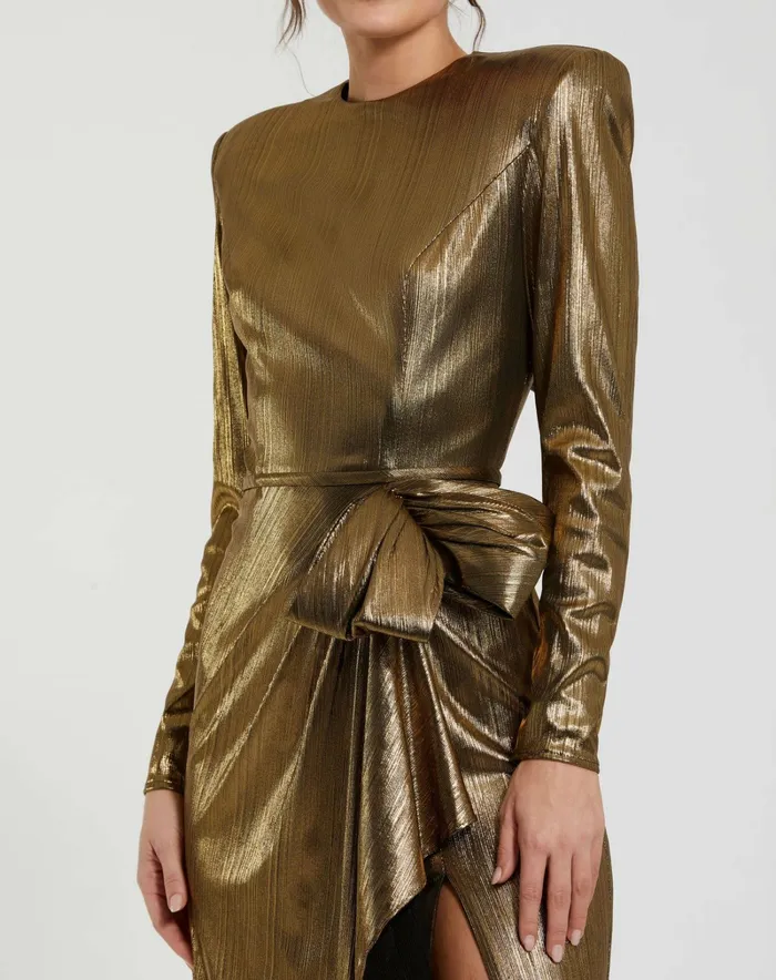 Metallic Jersey Long Sleeve Gown With Bow Antique Gold Best Sellers Mac Duggal Women