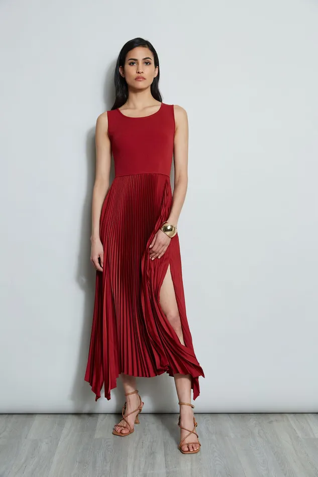 Midi Dresses Women Elie Tahari Pleated Midi Dress FRENCH RED