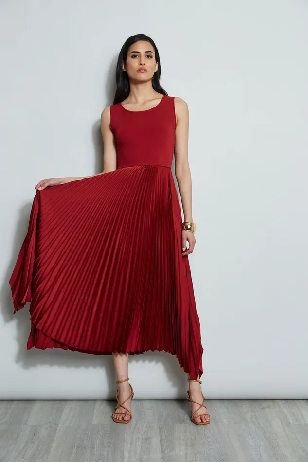Midi Dresses Women Elie Tahari Pleated Midi Dress FRENCH RED