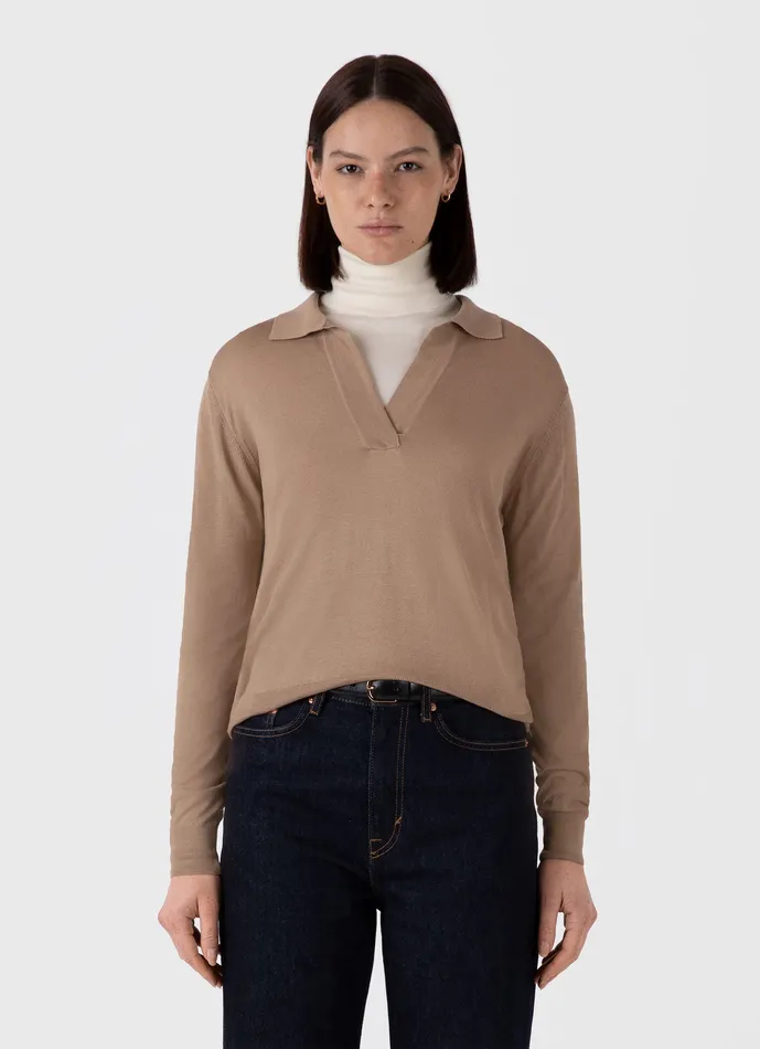 Mulberry Silk Polo Oat Women Knitwear ussunspel