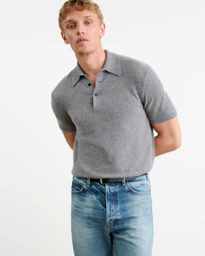 MYLES CASHMERE POLO Medium Grey Melange Men Nili Lotan Sweaters