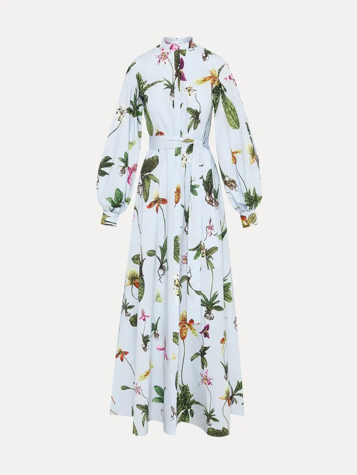 Orchid Cotton Poplin Caftan Light Blue Multi Women Oscar De La Renta Dresses