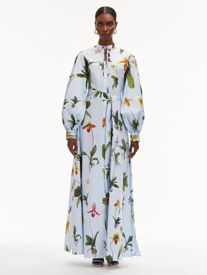 Orchid Cotton Poplin Caftan Light Blue Multi Women Oscar De La Renta Dresses