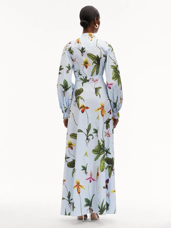 Orchid Cotton Poplin Caftan Light Blue Multi Women Oscar De La Renta Dresses