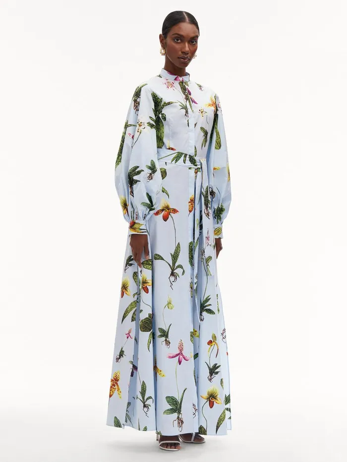 Orchid Cotton Poplin Caftan Light Blue Multi Women Oscar De La Renta Dresses
